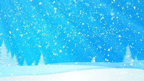 Happy New Year 2019 words from white snowflakes on a blue night landscape. Holiday animated winter background.
