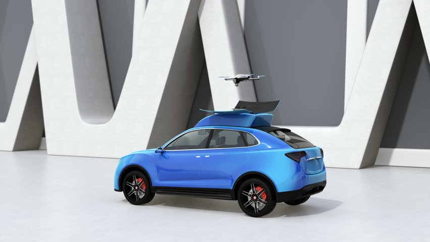 Blue electric SUV released drone for leisure entertainment. 3D rendering animation. | Shutterstock HD Video #1018924795