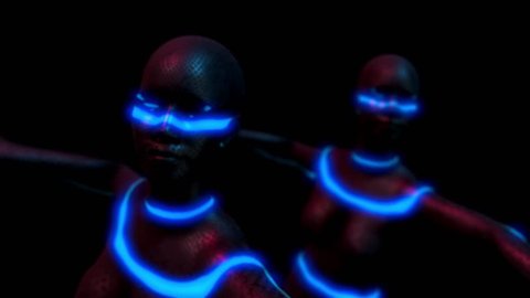Cyborg women dance group performs samba dance in futuristic metallic neon costumes, 3D Rendering Animation.