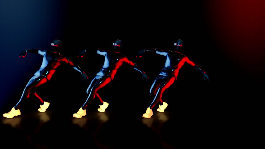 Male dance group performs in futuristic metallic neon costumes, 3D Rendering Animation. | Shutterstock HD Video #1018934113