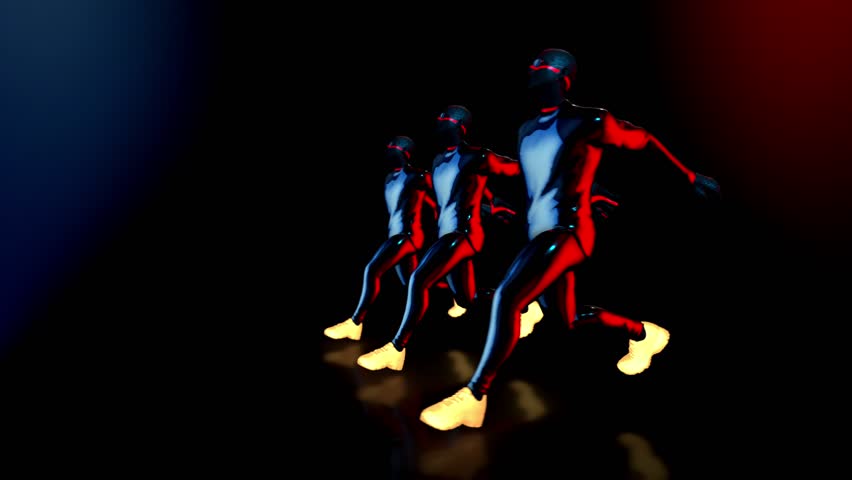 Male dance group performs in futuristic metallic neon costumes, 3D Rendering Animation.