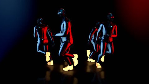 Male dance group performs in futuristic metallic neon costumes, 3D Rendering Animation.