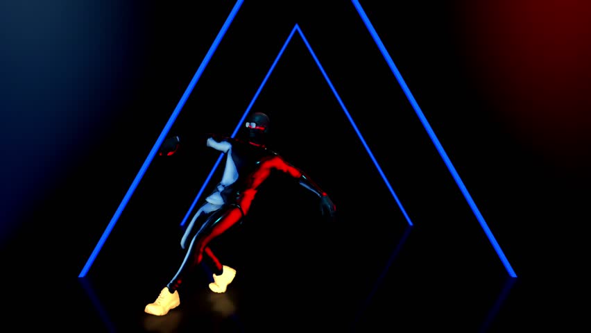 Male dancer performs in futuristic metallic neon costumes, 3D Rendering Animation. Royalty-Free Stock Footage #1018934122