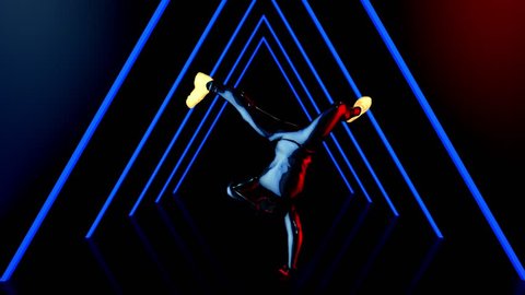 Male dancer performs in futuristic metallic neon costumes, 3D Rendering Animation.
