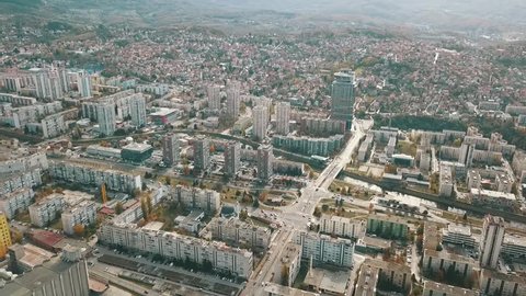 Aerial footage of Yugoslavian part of city of Sarajevo with infrastructure built mainly in 20th century. 
