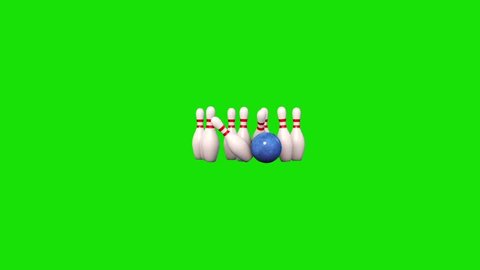 Bowling Alley Ninepins Strike Down Green Screen 3D Rendering Animation