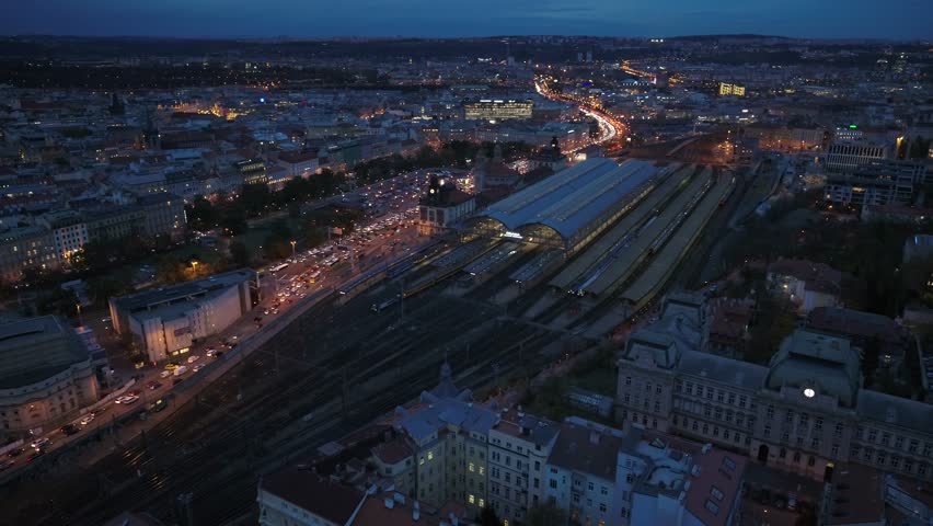 Prague Wenzelsplatz by night drone flying forward 4K aerial national museum Narodni muzeum Celakovskeho, Vinohrady
