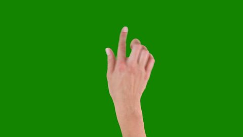 Various right and left hand gestures, different tempo. Touchscreen. Female hand showing multitouch gestures on green screen.