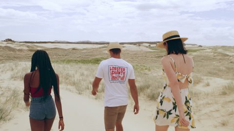 Group of friends having walking along sand dunes stopping to take in view of beautiful beach in Australia. Wide shot on 4k RED camera.