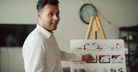 Designer gives storyboard pitch to potential clients for advertizment in modern well lit office during the day. Wide to medium shot with soft lighting on 4K RED camera.