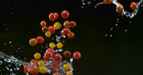 Crisp plump cherry tomatoes fall with water droplets on black background closeup in ultra slow motion with 4k Phantom Flex camera.