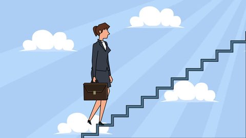 Flat cartoon businesswoman character with case bag goes up the career ladder stairs concept  animation