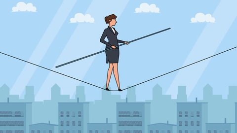 Flat cartoon businesswoman character walking a tightrope over city landscape circus stunt concept animation
