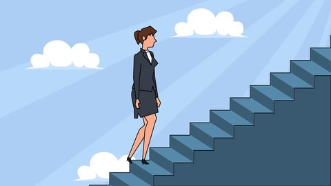 Flat cartoon businesswoman character goes up the career ladder stairs concept  animation