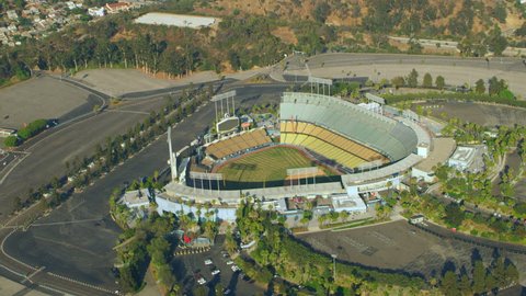 Los Angeles, California, USA - circa 2018: Aerial view Dodger Stadium on a sunny day in Los Angeles, California. Shot on 4K RED camera.