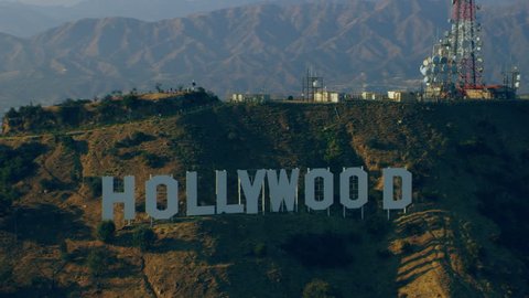 Los Angeles, California, USA - circa 2018: Aerial view Hollywood sign on a sunny day in Los Angeles, California. Shot on 4K RED camera.