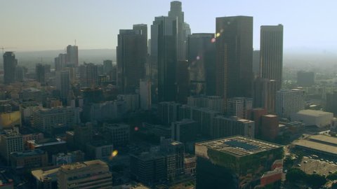 Los Angeles, California circa-2018: Aerial view downtown heli-pad on a sunny day in Los Angeles, California. Shot on 4K RED camera.