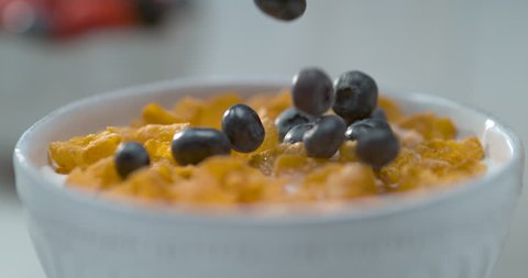 Blueberries falling in a bowl of cereal, on a white table with a bowl of berries in the background. Close up in slow motion with a shallow depth of field in 4K on a Phantom Flex camera.