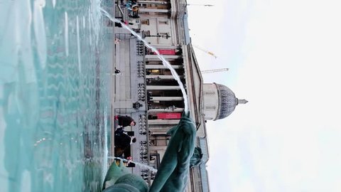 london, United Kingdom (UK) - 03 06 2018: Vertical Video - National Gallery and fountain with bird landing