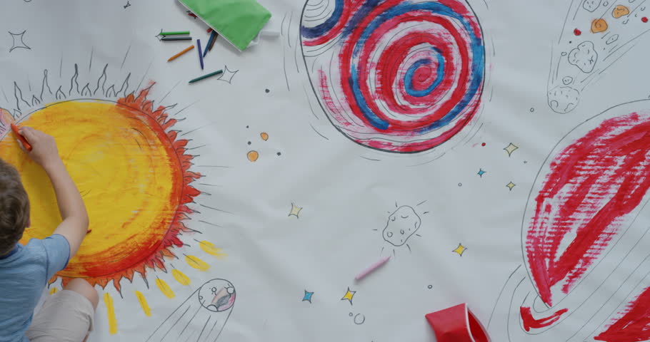 young diverse children paint colorful space pictures together on paper using paint brushes happy kids enjoying fun creativity painting science fiction space drawing pictures top view Royalty-Free Stock Footage #1018997518