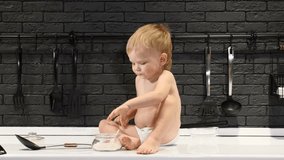 Naughty toddler taste sugar when alone. Babyboy in kitchen opens sugar bowl. 4k - Powered by Shutterstock - Get 15% off with code: PIKWIZARD15