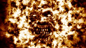 Burning ghoul face screams in fire. 2D animation horror fantasy genre. Creepy animated backdrop movie. Spooky zombie apocalypse. Scary animated short film. Motion graphics for VJ loops and music clip.
