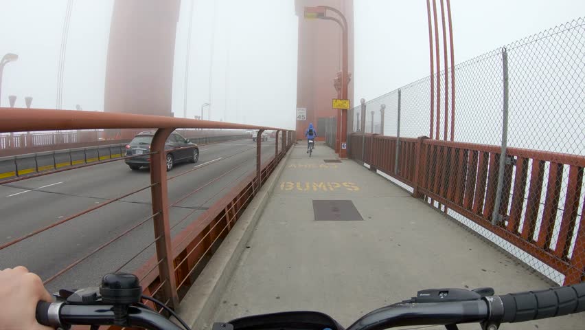 Riding a bicycle on Golden Gate bridge, San Francisco, California, 4K POV