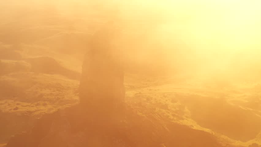 Misty sunrise aerial of the Old Man of Stor on the Isle of Skye, UK