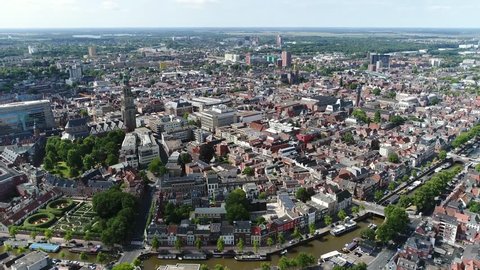 Aerial bird view footage of Groningen city center the main municipality as well as the capital the eponymous province in the Netherlands it is the largest town in the north of Holland 4k resolution