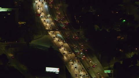 Aerial view of highway in city on a clear night in Los Angeles, California. Shot on 4K RED camera.