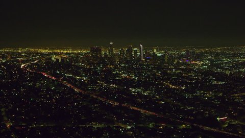 Aerial view of city on a clear night in Los Angeles, California. Shot on 4K RED camera.