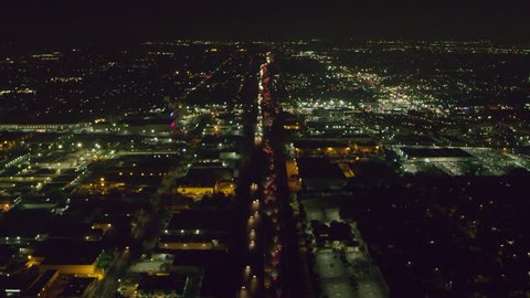 Aerial view of a highway on a clear night in Los Angeles, California. Shot on 4K RED camera.