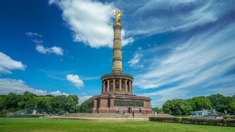 Berlin, Germany- Circa 2018: Hyperlapsed view of the Berlin Victory Column. It is a major tourist attraction located in the Tiergarten park.