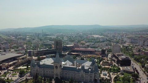Aerial shot of the Palace of Culture in Iasi, Romania palace and city view. 15 August 2018