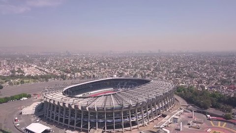 MEXICO CITY - May 30, 2018: aerial travel of the main Stadium in Mexico City. Sunny and uncrowded afternoon