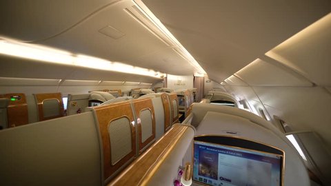 DUBAI, UAE - OCTOBER 20, 2017: First Class seat on Emirates Airbus A380. Emirates is one of two flag carriers of the United Arab Emirates along with Etihad Airways and is based in Dubai.