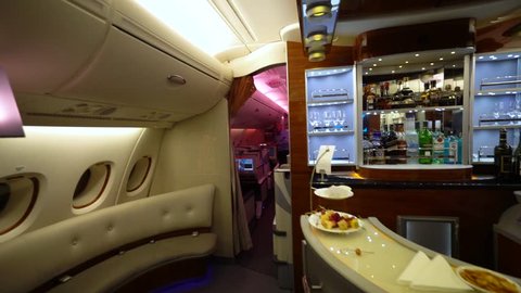 DUBAI, UAE - OCTOBER , 2017: Emirates Airbus A380 interior- BUSINESS CLASS BAR. Emirates is one of two flag carriers of the United Arab Emirates along with Etihad Airways and is based in Dubai.