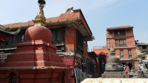Kathmandu , Nepal - October 2018: Swayambhunath or monkey temle. Kathmandu, Nepal. Swayambhunath, or Swayambu or Swoyambhu, is an ancient religious architecture atop a hill in the Kathmandu Valley.