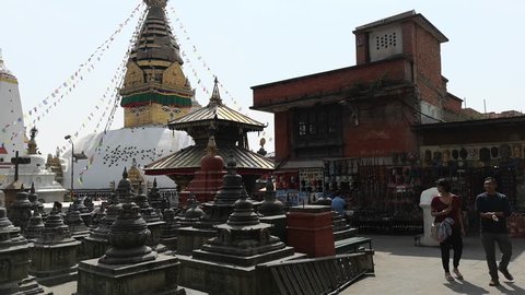 Kathmandu , Nepal - October 2018: Swayambhunath or monkey temle. Kathmandu, Nepal. Swayambhunath, or Swayambu or Swoyambhu, is an ancient religious architecture atop a hill in the Kathmandu Valley.