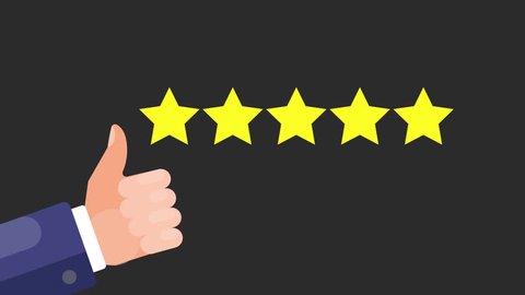 Rating Five Stars. Thumbs Up with review sign. Animated footage with Rate us text.