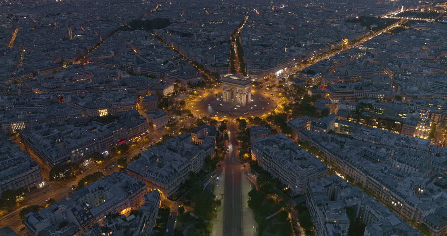 France Paris Aerial v58 Flying over Place Charles de Gaulle looking down at Arc de Triomphe to cityscape view 8/18