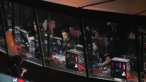 MOSCOW, RUSSIA - OCTOBER 27 2018: EPICENTER Counter Strike: Global Offensive esports event. Player's booth with team Hellraisers inside on a stage. Players ISSAA, Ange1, woxic, Deadfox.