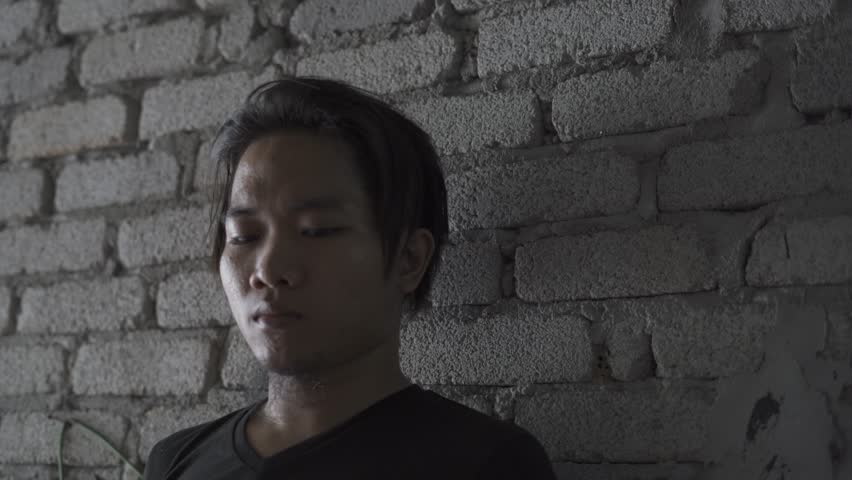 Handsome young Asian man smoking cigarette on bricks background.