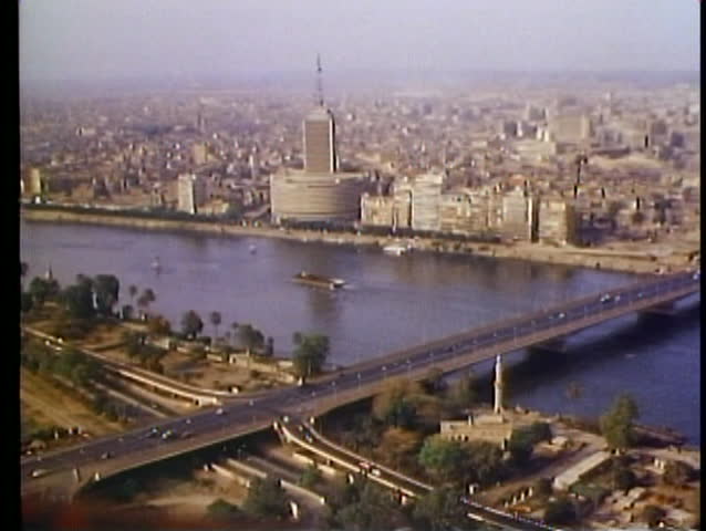 CAIRO, EGYPT, 1977, Overview of Cairo, still, skyline, Nile in foreground