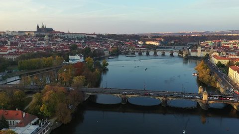 Panoramic view from above on the Prague Old Town, aerial view of the city, view from above over Prague, flight over the city, top view, Vltava River, Charles Bridge. Prague, Czechia