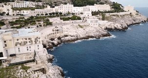 Santa Cesarea Terme, Puglia, Italy. Aerial view of the city, coastline, sea and rocks