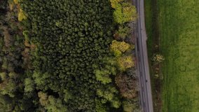 Aerial birds-eye view of a road between a field and some trees, with a marina