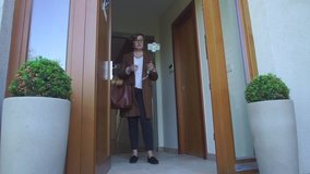 Realtor blog content maker woman looks into phone at door property wish to sell. She took photos videos of house for sale.
Preparing presentation for customers with AI help modern technology lifestyle