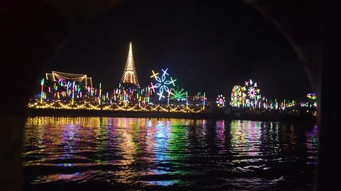 Amphoe Phra Samut Chedi, Samutprakan / Thailand - Nov 3rd 2018: Phra Samut Chedi get decorate with many lights among river.