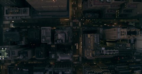 Aerial top down view of Manhattan city skyline in New York in evening. Wide to Long shot on 4K RED camera.